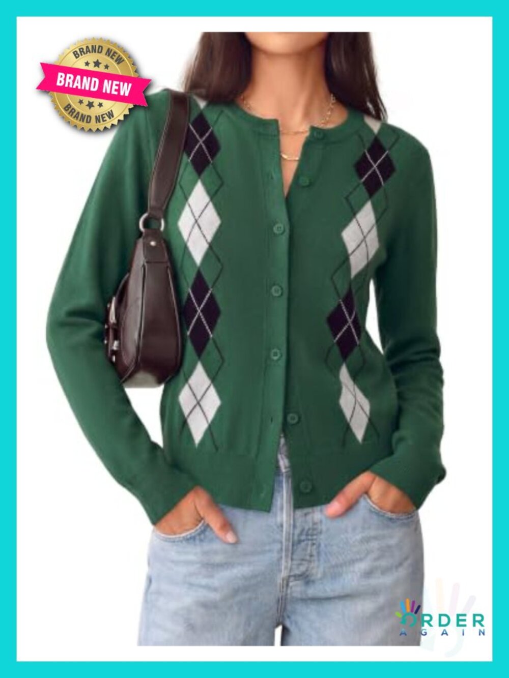 Womens Argyle Button Up Cardigan Crewneck Knit Sweater Teacher Outfit